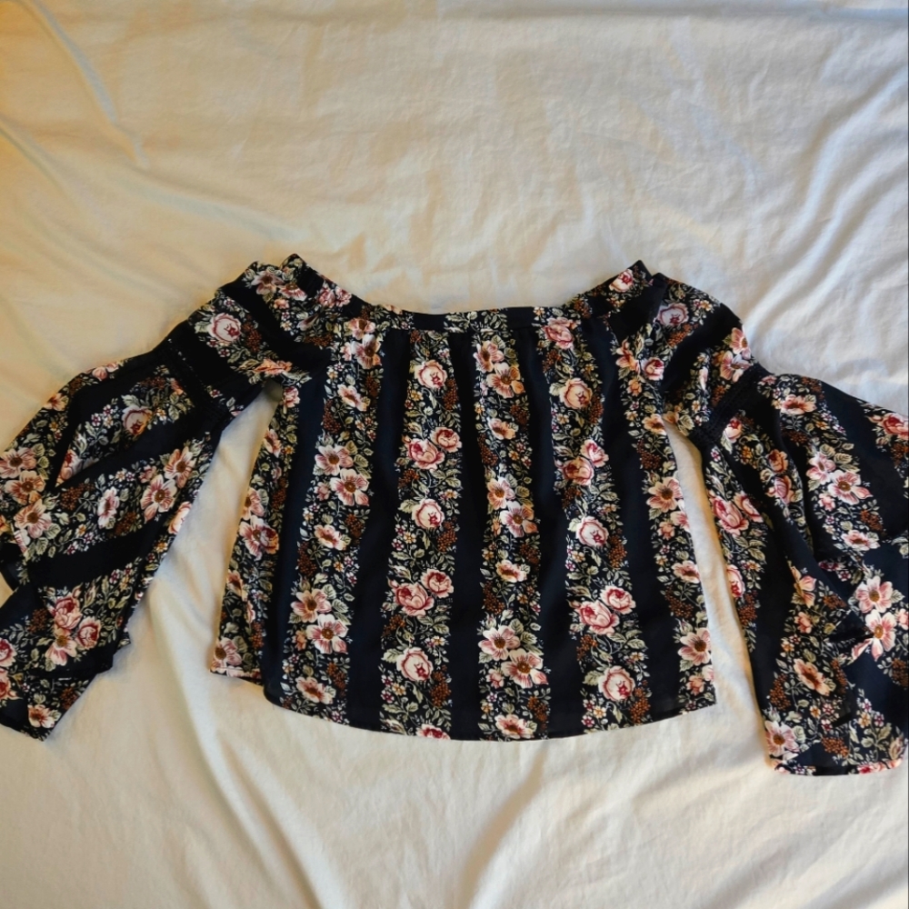 Vestique Boho Floral Bell Sleeve Off Shoulder Blouse Lace Accent